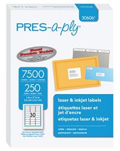 Pres-a-ply Laser Address Labels 1 x 2.625 Inches White Box of 7500 (30606) 30606