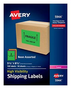 Avery Neon Shipping Labels for Laser Printers Assorted Colors 5-1/2" x 8-1/2" 100 Neon Labels (5944) 5944