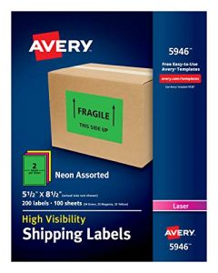 Avery Neon Shipping Labels for Laser Printers Assorted Colors 5-1/2" x 8-1/2" 200 Neon Labels (5946) 5946