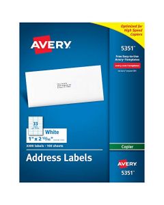 Avery Address Labels for Copiers 1" x 2-13/16" 3,300 White Labels (5351) 5351