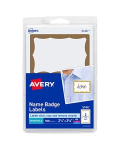 Avery Name Tag Stickers Gold Border Print or Write 100 Removable Name Badges 2-1/3" x 3-3/8" (5146) 5146