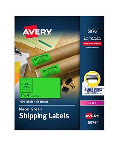 Avery 2"x 4" Neon Shipping Labels with Sure Feed for Laser Printers 1,000 Green Neon Stickers (5976) 5976