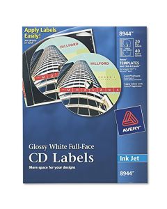 Avery Full-Face CD Labels for Inkjet Printers Glossy White 20 Disc Labels and 40 Spine Labels (8944) 8944