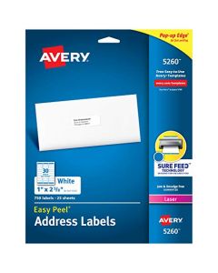 Avery 5260 Address Labels with Sure Feed for Laser Printers 1" x 2-5/8" 750 Labels 5260