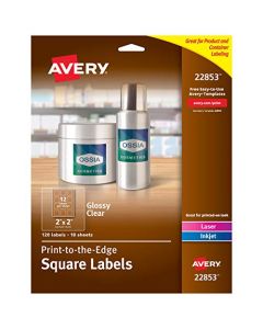 Avery Square Labels with Sure Feed for Laser & Inkjet Printers 2" x 2" 120 Glossy Crystal Clear Labels (22853) 22853