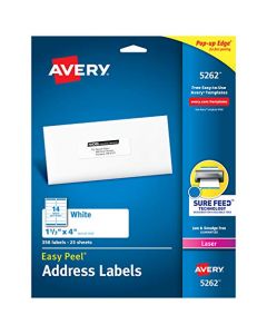 Avery Address Labels with Sure Feed for Laser Printers 1-1/3" x 4" 350 Labels Permanent Adhesive (5262) White 5262