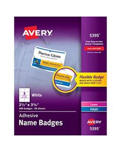 Avery Flexible Name Tag Stickers White Rectangle Labels 400 Removable Name Badges 2-1/3" x 3-3/8" (5395) 5395