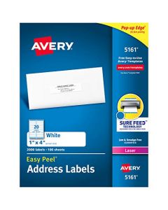 Avery Address Labels with Sure Feed for Laser Printers 1" x 4" 2,000 Labels Permanent Adhesive (5161) White 5161