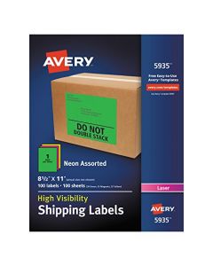 Avery High-Visibility Neon Shipping Labels for Laser Printers Assorted Colors 8-1/2 x 11 Box of 100 (5935) 5935
