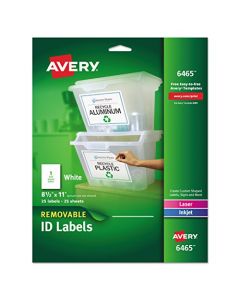Avery Self-Adhesive Removable Laser Id Labels White 8.5 x 11 inches 25 per Pack (6465) 6465