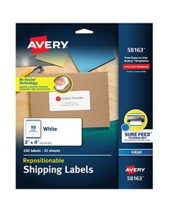 Avery Repositionable Shipping Labels for Inkjet Printers 2 x 4 Box of 250 (58163) White 58163