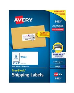 Avery Shipping Address Labels Inkjet Printers 1,000 Labels 2x4 Labels Permanent Adhesive TrueBlock (8463) White 8463