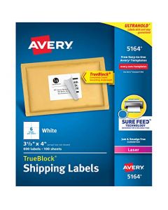 Avery Shipping Address Labels Laser Printers 600 Labels 3-1/3x4 Labels Permanent Adhesive TrueBlock (5164) White 5164