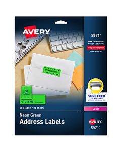 Avery Neon Address Labels with Sure Feed for Laser Printers 1 x 2 5/8" 750 Green Stickers(5971) 5971