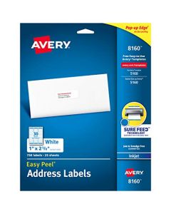 Avery Address Labels with Sure Feed for Inkjet Printers 1" x 2-5/8" 750 Labels Permanent Adhesive (8160) - 08160 White 8160