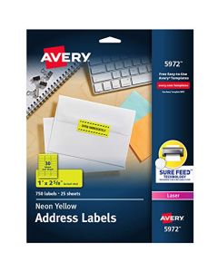 Avery Neon Address Labels with Sure Feed for Laser Printers 1 x 2 5/8" 750 Yellow Stickers (5972) 5972