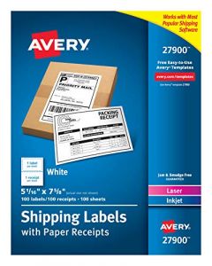 Avery White Shipping Labels with Paper Receipts 5-1/16x7-5/8 100 Pack (27900) 27900