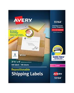 Avery 55164 Repositionable Shipping Labels Laser 3 1/3 x 4 White (Box of 600 Labels) 55164