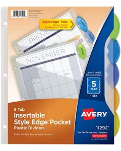 Avery Plastic 5-Tab Binder Dividers with Pockets Style Edge Insertable Multicolor Tabs 1 Set (11292) 11292