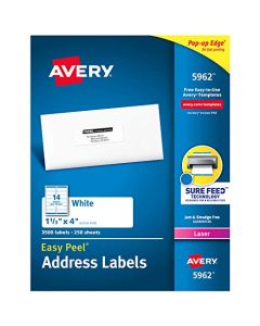 Avery Address Labels with Sure Feed for Laser Printers 1-1/3" x 4" 3,500 Labels Permanent Adhesive (5962),White 5962