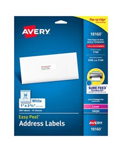 Avery 18160 Mailing Address Labels Laser & Inkjet Printers 300 Labels 1 x 2-5/8 Permanent Adhesive White 18160