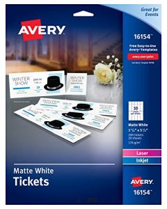 Avery Tickets with Tear-Away Stubs 1.75" x 5.5" Matte White Pack of 200 (16154) 16154