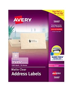 Avery Matte Frosted Clear Address Labels for Laser Printers 1" x 2-5/8" 1,500 Labels (5660) 5660