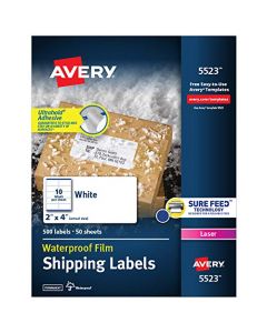 Avery Waterproof Shipping Labels with Sure Feed & TrueBlock 2" x 4" 500 White Laser Labels (5523) 5523