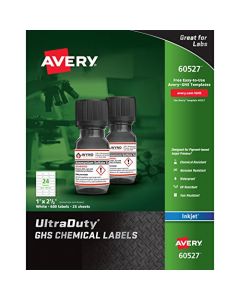 Avery UltraDuty GHS Chemical Labels for Pigment Inkjet Printers Waterproof UV Resistant 1"x 2.5" Pack of 600 (60527) White 60527
