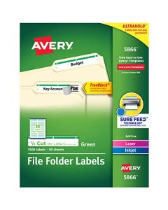 Avery Green File Folder Labels for Laser and Inkjet Printers with TrueBlock Technology 2/3 inches x 3-7/16 inches Box of 1500 (5866) 5866