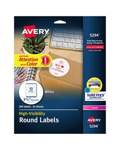 Avery 5294 High Visibility 2.5" Round Labels with Sure Feed for Laser Printers 300 White Labels 5294