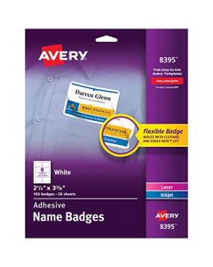 Avery Flexible Name Tag Stickers White Rectangle Labels 160 Removable Name Badges 2-1/3" x 3-3/8" (8395) 8395