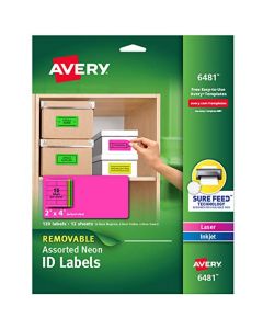 Avery Multipurpose Labels Removable Assorted Neon 2 x 4 Inches Pack of 120 (6481) 6481
