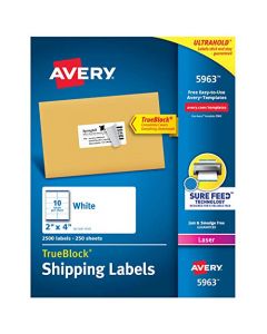 Avery 2x4 Labels for Laser Printers Permanent Adhesive Sure Feed 2,500 Rectangle Labels (5963) White 5963