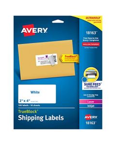 Avery Shipping Address Labels Laser & Inkjet Printers 100 Labels 2x4 Labels Permanent Adhesive TrueBlock (18163) White 18163