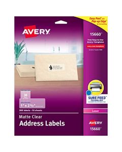 Avery Matte Frosted Clear Address Labels for Laser Printers 1" x 2-5/8" 300 Labels (15660) 15660