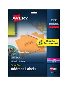 Avery 6521 Glossy Crystal Clear Address Labels for Laser & Inkjet Printers 1" x 2-5/8" 300 Labels 6521