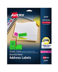 Avery Neon Address Labels with Sure Feed for Laser Printers 1" x 2 5/8" Assorted Colors 450 Labels (5979) 5979
