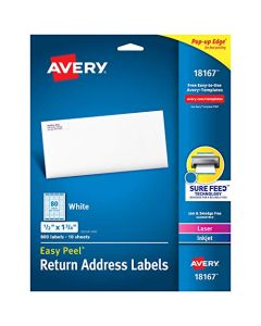 Avery Address Labels with Sure Feed for Inkjet Printers 0.5" x 1.75" 800 Labels Permanent Adhesive (18167) White 18167