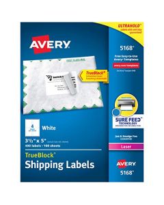 Avery Shipping Address Labels Laser Printers 400 Labels 3-1/2 x 5 Permanent Adhesive TrueBlock (5168) 5168