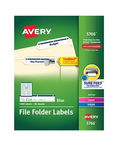 Avery Blue File Folder Labels for Laser and Inkjet Printers with TrueBlock Technology 2/3 inches x 3-7/16 inches Box of 1500 (5766) 5766