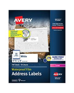 Avery Waterproof Address Labels with Sure Feed & TrueBlock 1-1/3" x 4" 700 White Laser Labels (5522) 5522