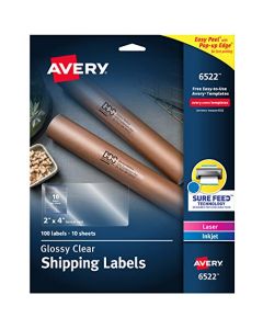 Avery Crystal Clear Address Labels for Laser & Inkjet Printers 2" x 4" 100 Labels (6522),Glossy White 6522