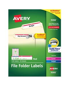 Avery Red File Folder Labels for Laser and Inkjet Printers with TrueBlock Technology 2/3 x 3-7/16 Inches Box of 1500 (5066) 5066