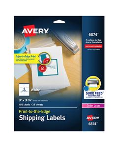 Avery Shipping Labels with Sure Feed Print-to-the-Edge 3" x 3-3/4" 150 White Labels (6874) 6874