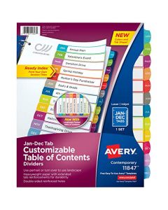 Avery 12-tab Dividers for 3 Ring Binders Customizable Table of Contents Multicolor Tabs 1 Set (11847) 11847