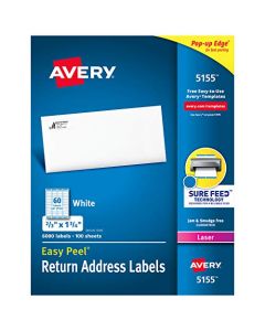 Avery Return Address Labels with Sure Feed for Laser Printers 2/3" x 1-3/4" 6,000 Labels Permanent Adhesive (5155) White 5155