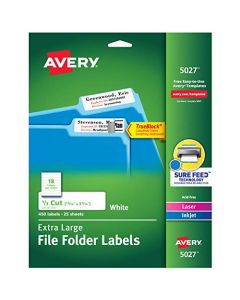 Avery White Extra-Large File Folder Labels for Laser and Inkjet Printers with TrueBlock Technology 15/16 inches x 3-7/16 inches Pack of 450 (5027) 5027