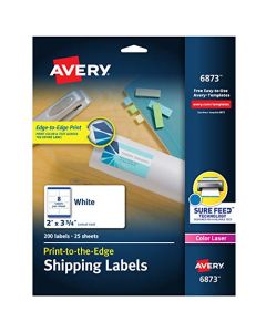 Avery Shipping Labels with Sure Feed Print-to-the-Edge 2" x 3-3/4" 200 White Labels (6873) 6873