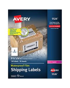 Avery Waterproof Shipping Labels with TrueBlock 5.5" x 8.5" 100 White Laser Labels (5526) 5526